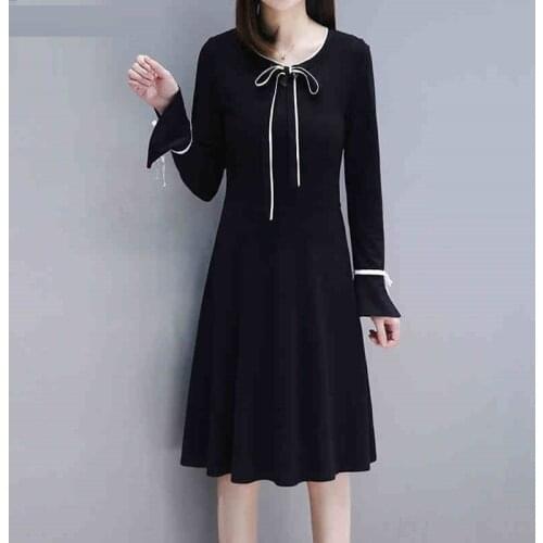 2019 Spring Fashion Ladies Plus size simple elegant midi dress bow collar female cultivating stretchy A-line casual vestidos 5XL