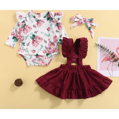 Licupiee 3pcs Autumn Baby Girls Cute Clothes Sets 0-3y Flower Printed Long Sleeve Romper Solid Ruffles Suspender Skirt+headband