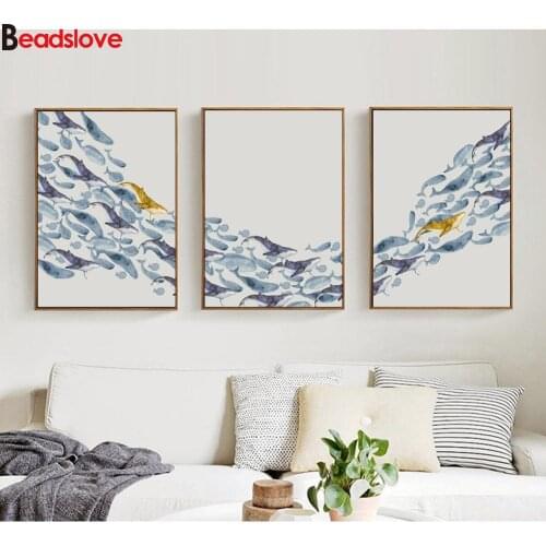 Triptych Fish seaching light blue gold abstract diamond Mosaic Full Square Round Drill DIY 5d painting diamond embroidery