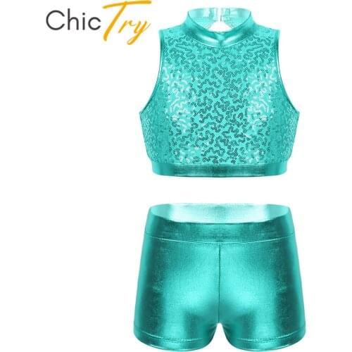 ChicTry Kids Dancewear Shiny Sequins Metallic Crop Tops with Ballet Gymnastics Shorts Set Girls Jazz Performance Dance Costume