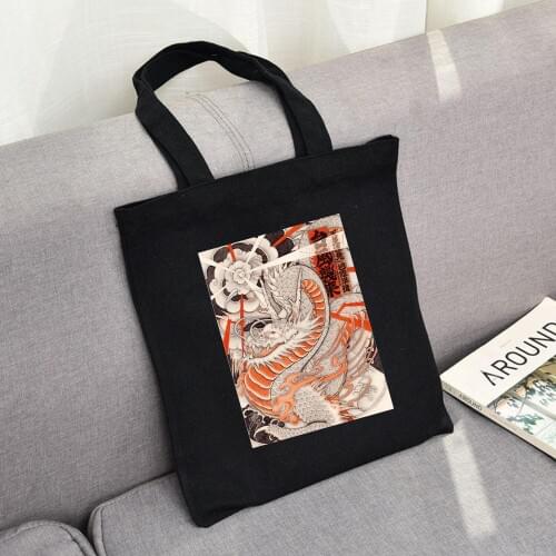 Retro Harajuku Casual Women Canvas Shoulder Bag Japanese Anime Shopping Tote Bag Men Chinese Dragon Print Summer Ulzzang Bag