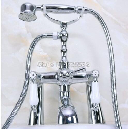 ChromeTelephone Style Deck Mount Clawfoot Tub Faucet w/ Handheld Shower Bath Tub Mixer Tap