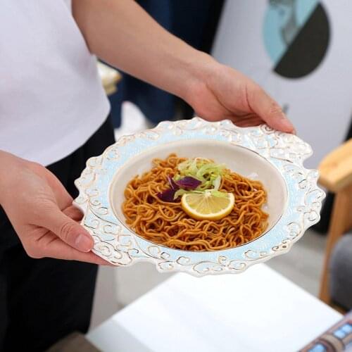 Pasta Bowl Ceramic Plate Bone China Steak Plate Cloud Pattern Gold border Tray Salad Food Tray Dinner Tool Deep Plate