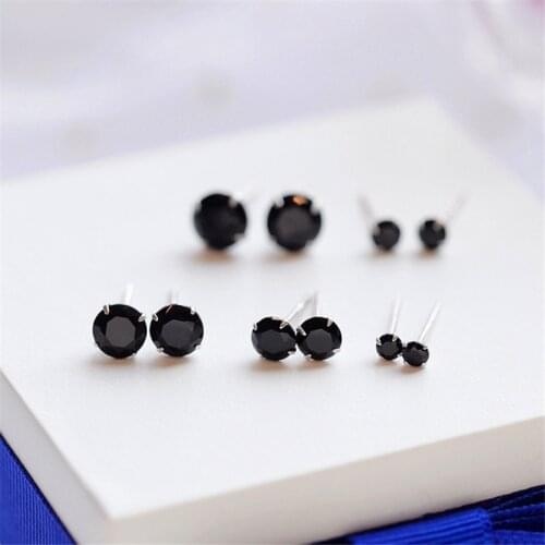 Cute 3/4/5/6/7/8mm Round Stud Earrings Small Black Sapphire Earrings 100% Real 925 Sterling Silver Earrings For Men Women