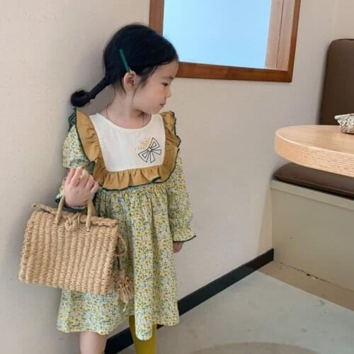 Girls cute embroidered lace stitching collar dress 2021 spring autumn girls cotton dress