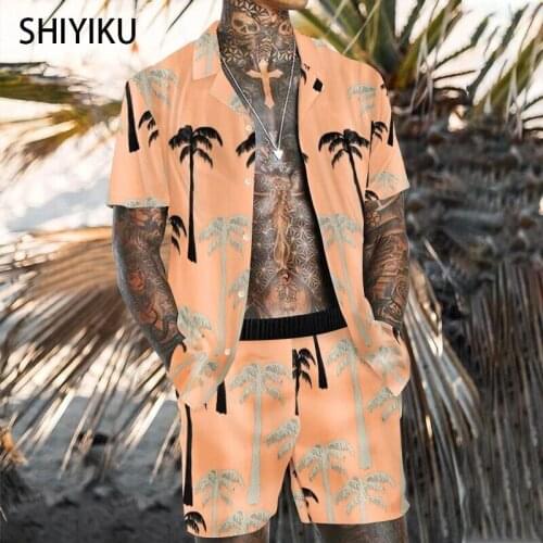 SHIYIKU New Hawaiian Brand Printed Shirt Suit Summer Fashion Short Sleeve Shirt Beach Shorts Casual Quick Dry 2 Piece Mens Set