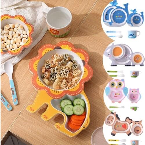 Bamboo Fiber Kids Dinnerware Set Cartoon Feeding Food Dishes Bowl Drinking Cup with Spoon Fork Tableware Baby Gift 5 Pcs/lot