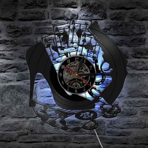 Retro Poker Wall Art Clock High Heel Poker Gambling Winning Vinyl Record Wall Clock Poker Logo Wall Sign Chips 4 Aces Wall Watch