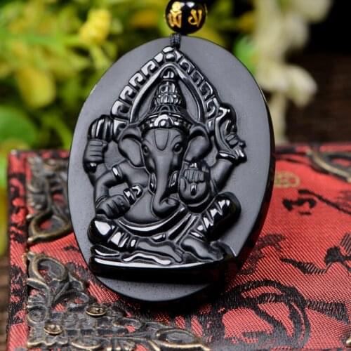 Natural Black Obsidian Elephant god Pendant Beads Necklace Fashion Charm Jewellery Hand-Carved Lucky Amulet Gifts for Women Men