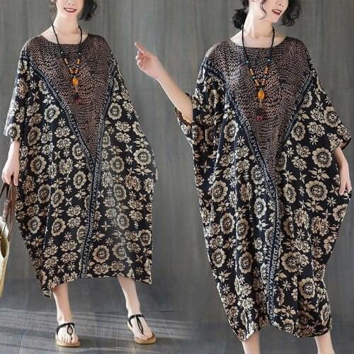 Oversized Womens European And American Dress Retro Printed Bat Sleeves Show Thin Holiday Mid Long Skirt Summer Autumn Vestido