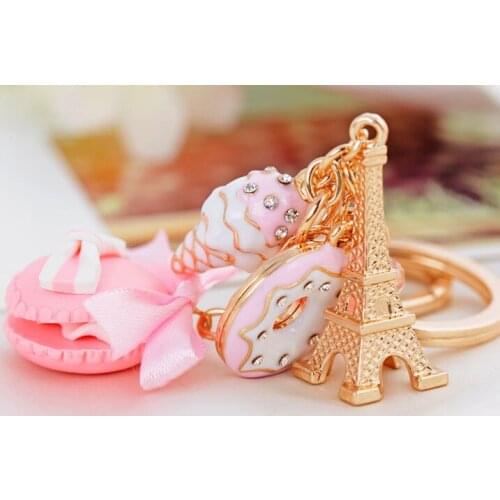 New Cake Key Chain Car Key Ring Women Bag Charm Accessories France Cake Macarons with Eiffel Tower Keychain Gift Jewelry CH478