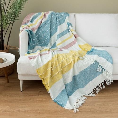 Washed Cotton Blanket Sofa Throw Blanket Tassles Stripe Travel Blanket Summer 130x170cm Home Sofa Chair Couch Bed 51"x67"