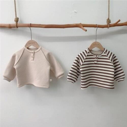 Fall Autumn Winter Baby Girls Fleece Lining Warm Shirts Bottomming Tops Toddler Baby Boys Striped T Shirt Waffle Baby Clothing