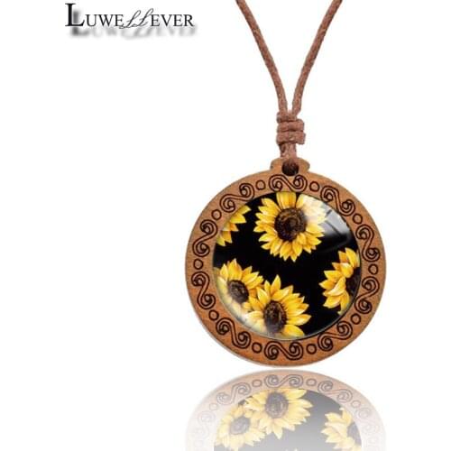 Sunflower Necklace 6231 25mm Bronze 30mm Wood Rhinestone Double-sided Moon Round Glass Pendant For Women Gift