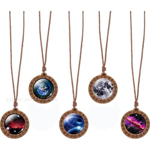 Galaxy Necklace Vintage Wooden Pendant Glass Cabochon Jewelry Solar System Planet Stars Nebula Outer Space Wood Necklaces Gift