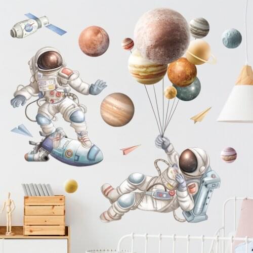 Skateboarding Astronaut Wall Stickers for Kids Room Bedroom Nursery Wall Decor Removable Vinyl Planet Sticker Home Decoration