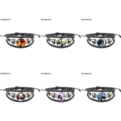 Mendittorosa Glass Cabochon Black Leather Bracelet Bangle Jewelry For Girls Statement Maxi Giant Panda Baby