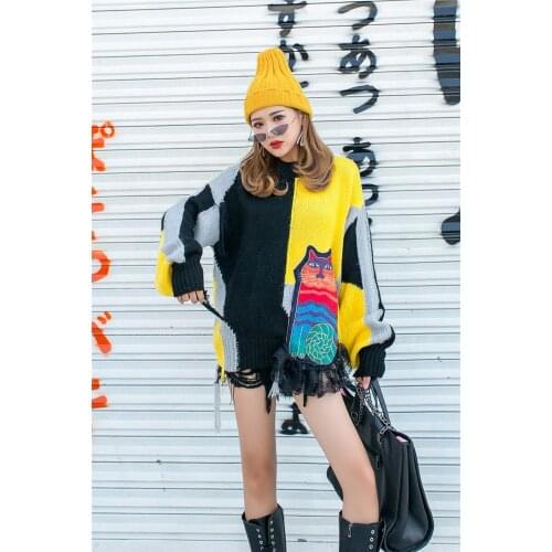 Loose Round Neck Contrast Color Womens Sweater Stitching Cartoon Streetwear Long-sleeved Tops 2021 Autumn And Winter New