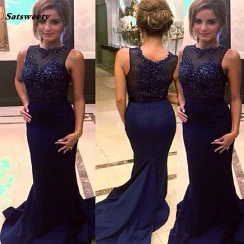 Navy Blue Bridesmaid Dresses Mermaid Sleeveless Applique Beading Lace Applique Prom Dress robe africaine femm In Stock