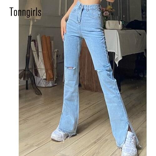 Tonngirls Vintage Push Up Jeans Casual Light Blue Flare Jeans Denim Hight Waist Jeans Ripped Split Wide Leg Pants Streetwear