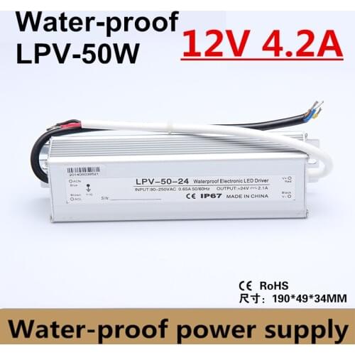 50W AC-DC 12V 4.2A Waterproof IP67 Electronic Driver outdoor use power supply led strip constant voltage for underwater light