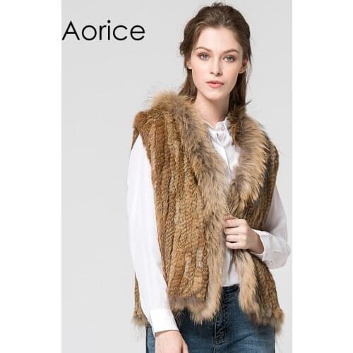 VR033 New knitted Rabbit fur with raccoon fur color vest gilet sleeveless garment waistcoat natural brown /grey/black