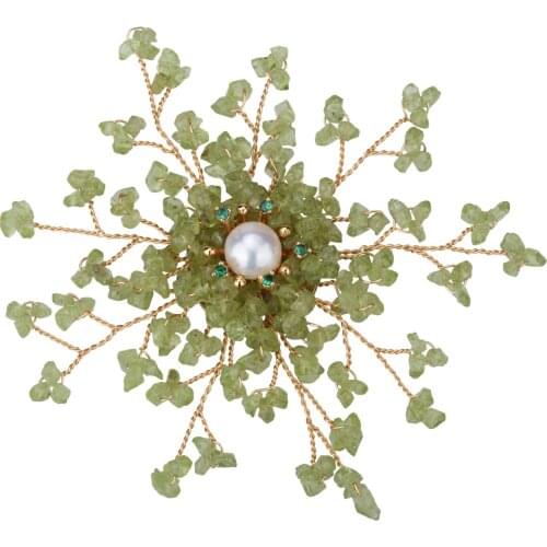 Yacq Women Natural Peridot Freshwater Pearl Cubic Zirconia Pin Brooch Pendant 2 in 1 Handmade Jewelry Flexible Copper Wire Gift