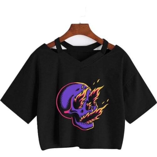 Women Harajuku Flame skull Print T-shirt Summer Sexy V-neck Short Sleeve Shirt Anime Gothic Punk short Tee Loose Vintage Tops