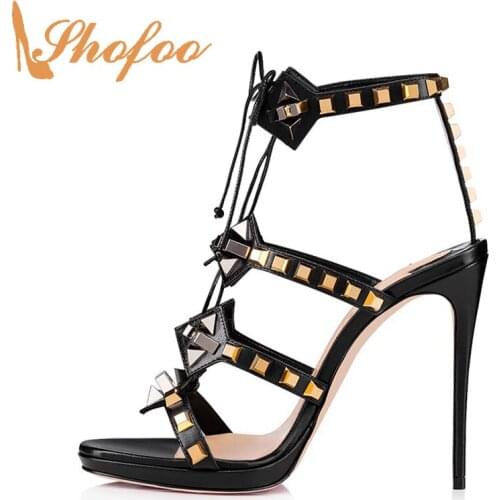 Black Rivets High Stilettos Ankle Strap Sandals Woman Thin Heels Lace Up Large Size 12 15 For Ladies Summer Footwear Fashion