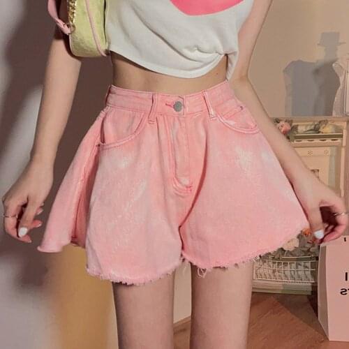 Harajuku Ruffles Denim Shorts Skirts 2021 Summer High Waist Washed Jeans Shorts Women Plus Size Blue Pink Loose Shorts femme