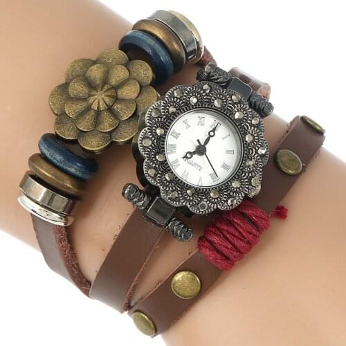 Gnova Platinum Genuine Leather Strap Retro Fashion Big Bronze Flower Women Quartz Watch Black Dial Crystal Wristwatch A871