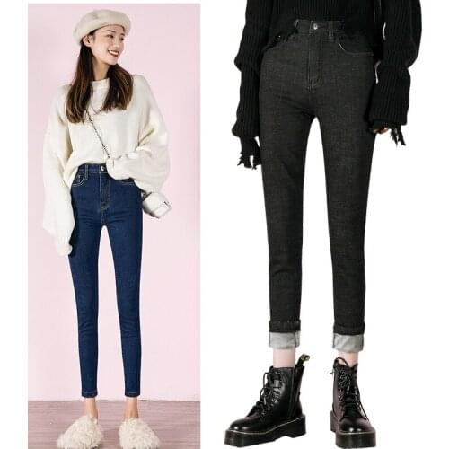 Womens thick purple velvet womens skinny jeans high-grade stretch felt warm denim pencil pants mom jeans new winter