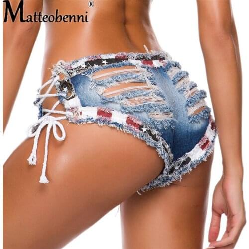 2021 Summer New Sexy Low Waist Ripped Hollow Out Lacing Splicing Ladies Fashion Streetwear Nightclub Party Womens Denim Shorts