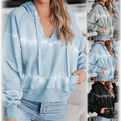 Women Casual Long Sleeve Tie Dye V Neck Drawstring Hooded Pullover Top Blouse
