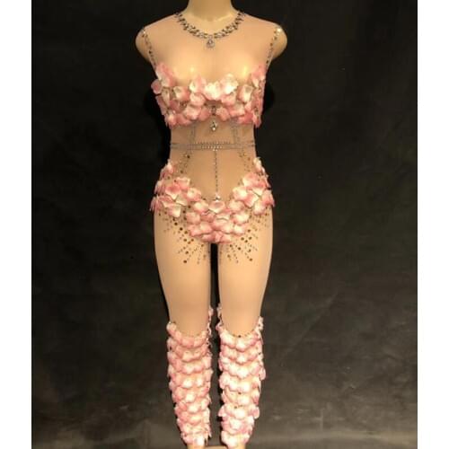 Women New Sexy Mesh Sparkling Rhinestone Jumpsuit Pink Flowers Performance Bodysuit Nightclub Party Singer Dancer Fashion Show