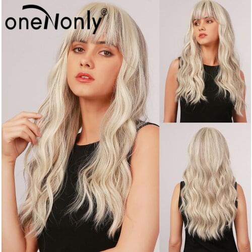 OneNonly Long Body Wave Ombre Mixed Blonde and Light Brown Synthetic Wigs with Bangs for Women Cosplay Daily Hair Heat Resistant