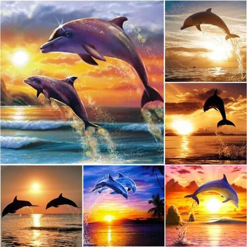 2020 Diamond Painting Animals Dolphin Full Round Rhinestones Diamond Embroidery Landscape Cross Stitch Wall Sticker Decor Gift 1