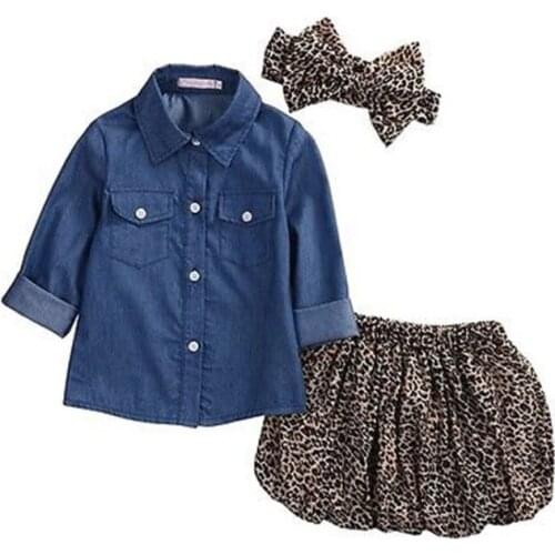 2021 Girl Summer Clothing Sets Toddler Kids Baby Girl Clothing Denim Shirt Long Sleeve Leopard Skirt Headband 3PCS Sets