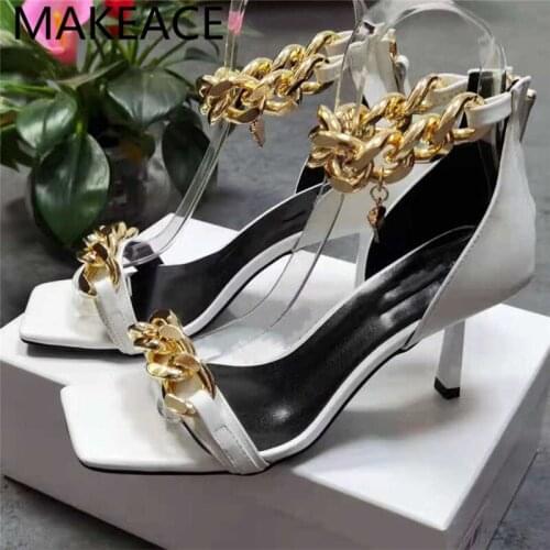 Summer Party Peep Toe Metal Chain High Heel Sandals Genuine Leather Woman Sexy Dress Shoes Fashion all-match party shoes Women