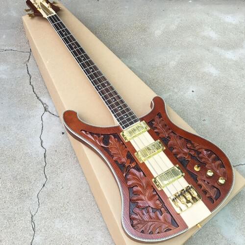 Factory customized bass 4 string electric bass carved neck through the body, gold accessories, postage
