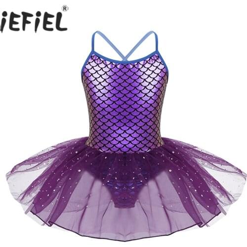 Kids Girls Mermaid Mesh Ballet Dance Dress Spaghetti Shoulder Glitter Scales Printed Gymnastics Leotard Costume Tutu Dress