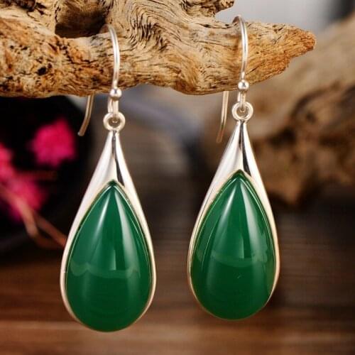 925 Silver Ornamental Vintage Long Earrings Temperament Green Agate Drop Earrings Free Shipping