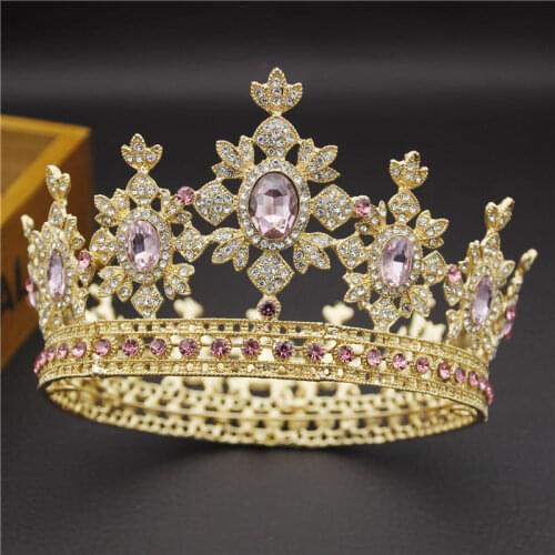 Royal Queen King Crown Bridal Tiara Round Diadem Wedding Crown Crystal Pink Light Gold Bride Wedding Hair Jewelry Ornaments