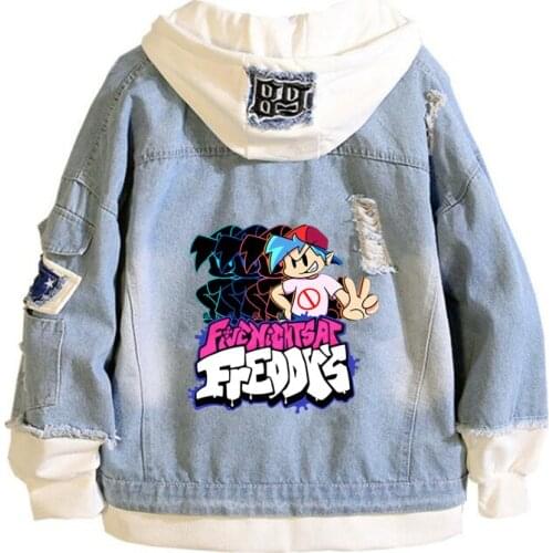 Mens Friday Night Funkin FNF Fashion Denim Jacket Casual Bomber Coat Hip Hop Retro hoodie Jacket Streetwear