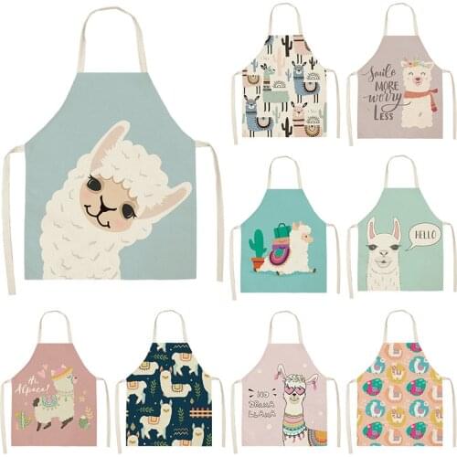 Llama Alpaca Cactus Printed Cotton Linen Sleeveless Aprons Kitchen Women Pinafore Home Cooking Baking Waist Bib 53*65cm WQL0149