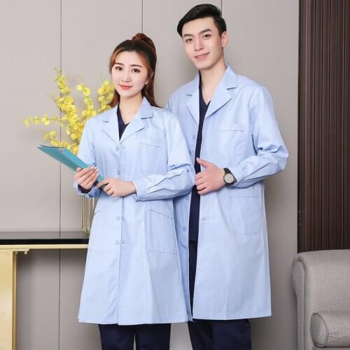 Doctors and Nurses Long Sleeve Blue Lab Coat Women Men Beauty Salon Beautician Shop Embroiderer Overalls