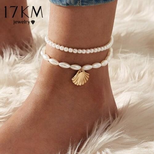 Fashion Multilayer Crystal Pearl Anklets Set for Women Colorful Stone Shell Chain Anklet Beach Foot Bracelet Jewelry
