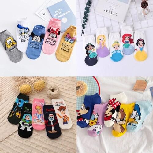5 pairs Disney Mickey mouse Socks Cartoon 2021 Summer socks women Girl Animal Cute Funny Invisible cotton Ankle Socks Size 35-41