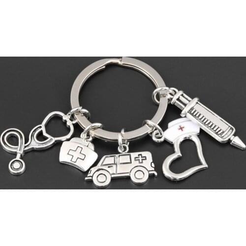 New Hospital Charms Keychain Medical Syringe Key Ring Ambulance Nurse Cap Stethoscope Key Chain Doctor Nurse Gift DIY Jewelry