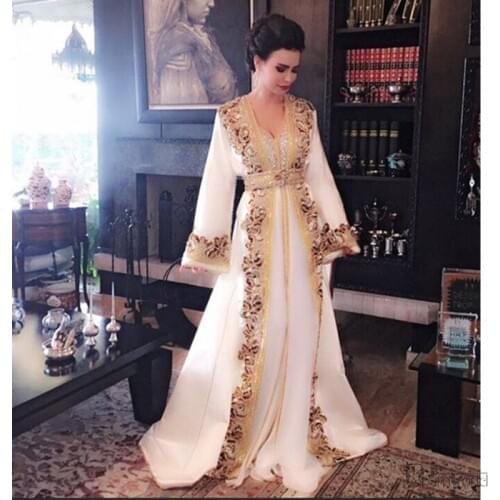 New White Beaded Muslim Long Evening Dresses Luxury Dubai Moroccan Kaftan Dress Long Sleeves Formal dress prom party gown
